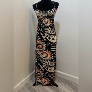 Vintage Avon Mark Halter Neck Dress Small Black White Orange Abstract Pattern